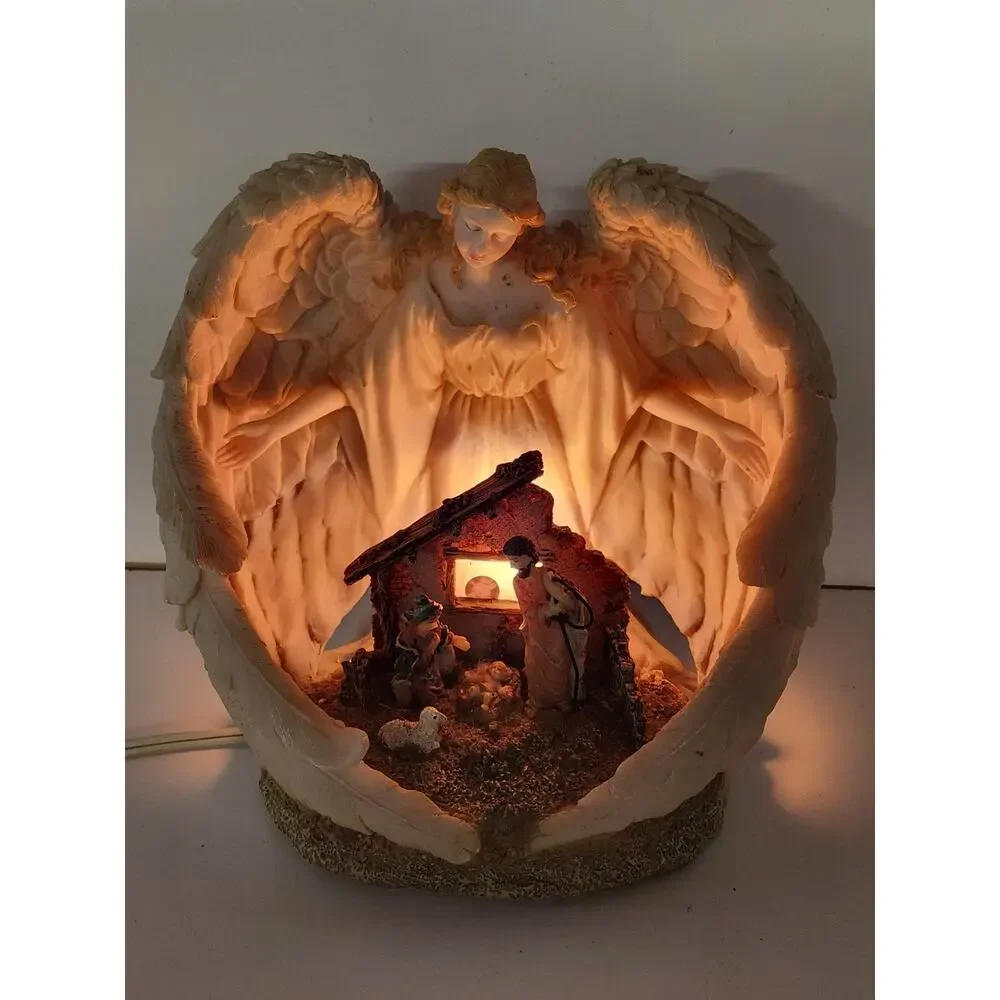 Lighted Angel Watching Over Holy Family Nativity Scene Christmas Figurine Vtg